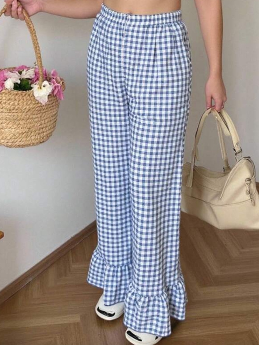 Blue White Checkered Gingham Ruffle Wide Leg Pants